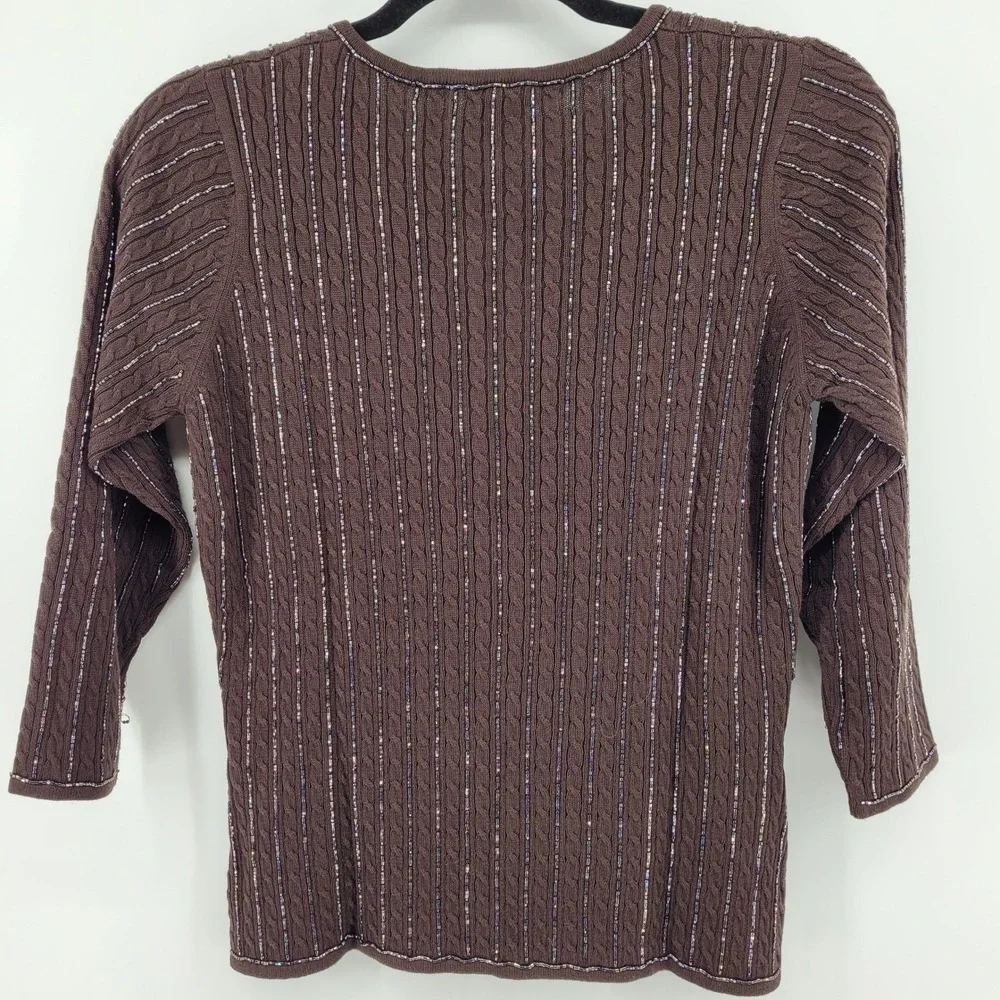 Zelda Womens Small Brown Beaded Cable Knit Cardigan Sweater Rayon Cotton Blend - Picture 3 of 12